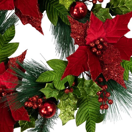 24" Red Glittered Poinsettia & Long Pine Christmas Wreath